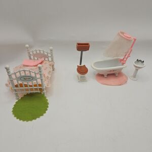 Vtg 1980 Mattel Littles Metal Dollhouse Bathroom Tub Toilet Sink, Bed Frame Lot